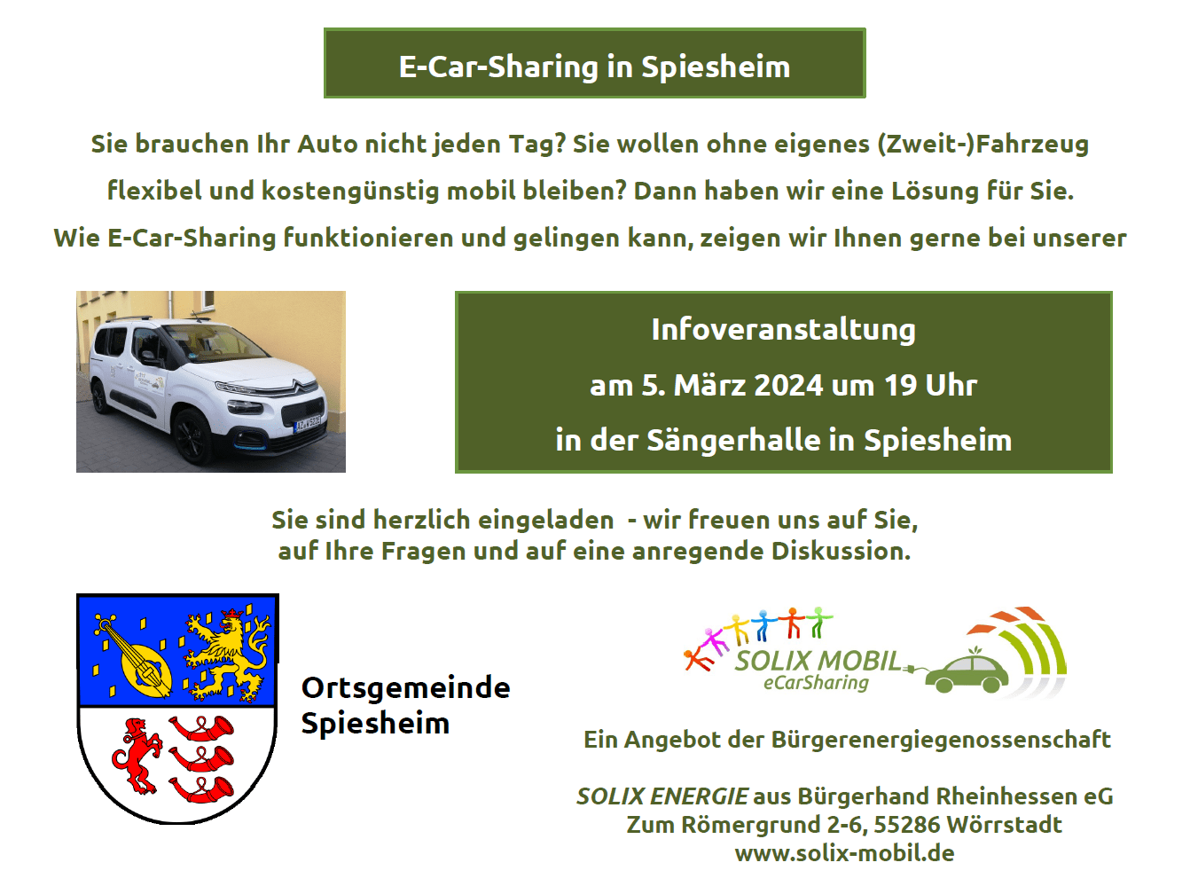 Plakat Spiesheim, 05.03.2024 Infoveranstaltung eCarSharing