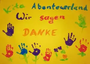 Spende an KiTA Wallertheim - Kinder sagen mit Handabdrücken Danke